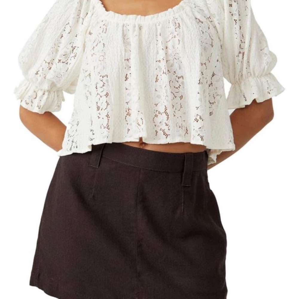 Free People White Lace Puff Sleeve Blouse